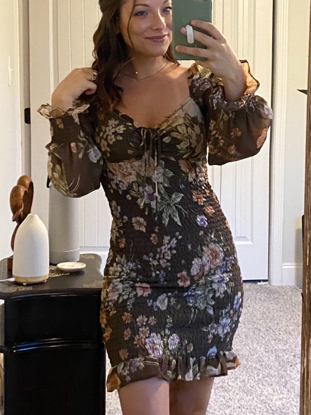 Sim & Sam Black Floral Smocked Long Sleeve Mini Dress x-small